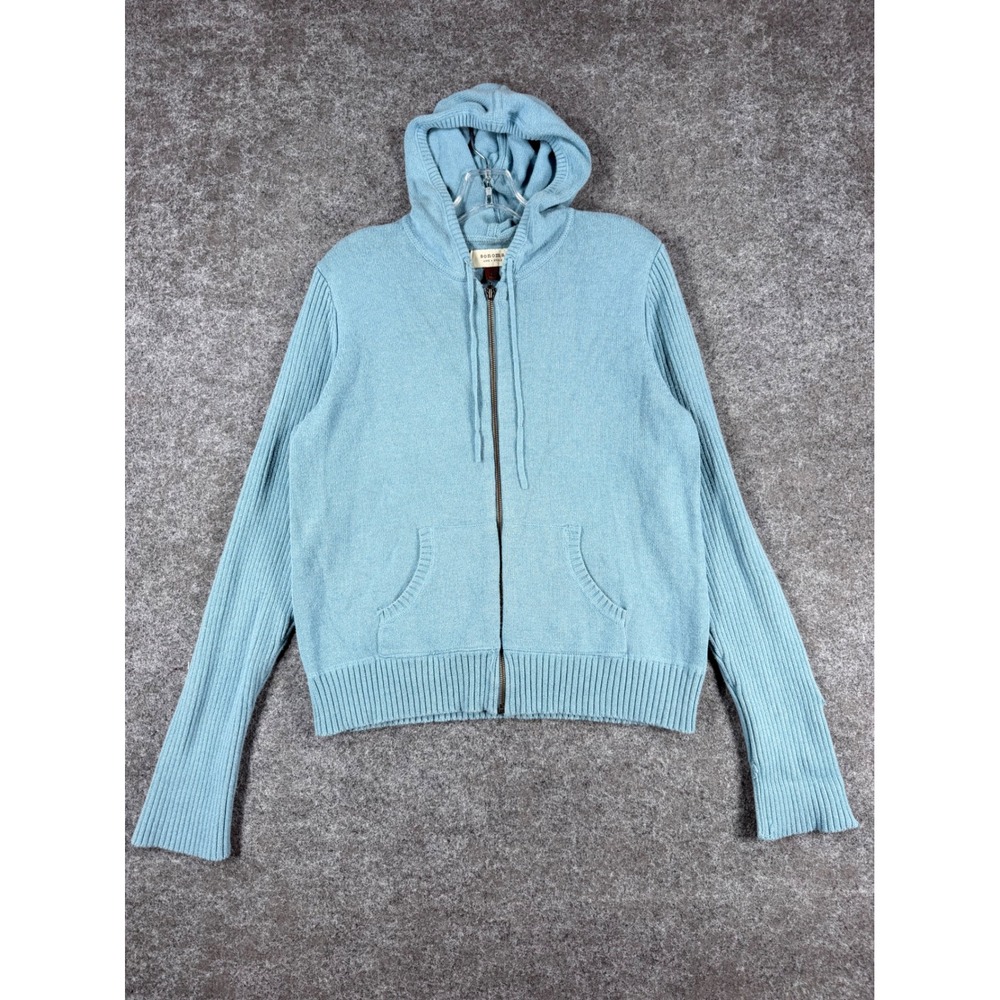 Sonoma Women Large Full Zip Hoodie Light Blue Cotton Knit Ribbed Sleeve Sweater